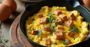 A rustic breakfast skillet with chicken and eggs, garnished with fresh herbs, served in a cast-iron pan on a wooden table.