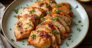 Thin sliced chicken breast, golden brown and juicy, garnished with fresh herbs on a rustic wooden plate.