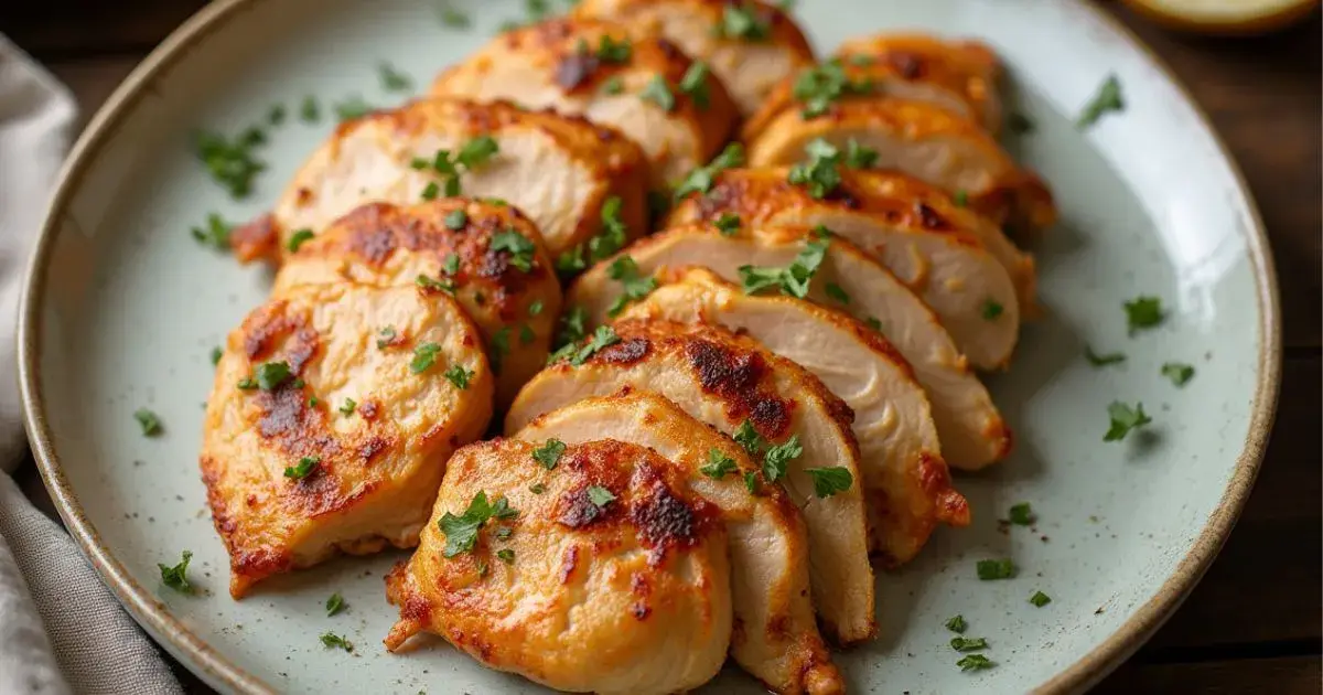 Thin sliced chicken breast, golden brown and juicy, garnished with fresh herbs on a rustic wooden plate.