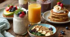 A beautifully arranged breakfast spread featuring breakfast ideas without eggs, including overnight oats with berries, a yogurt parfait with granola, avocado toast with chili flakes, a smoothie bowl with banana slices, coconut flour pancakes with maple syrup, and chia seed pudding with almonds and blueberries.