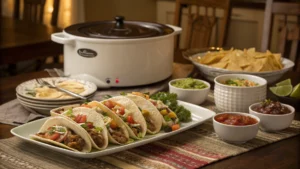 Platter of crock pot tacos with toppings beside a slow cooker.