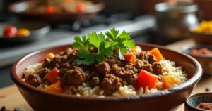 A hearty dish from one of our recipes with ground beef and rice, served in a rustic bowl and topped with fresh herbs and colorful vegetables.