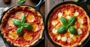 Freshly baked cast iron deep dish pizza in a black skillet, topped with melted cheese, tomato sauce, and fresh basil, resting on a rustic wooden surface.