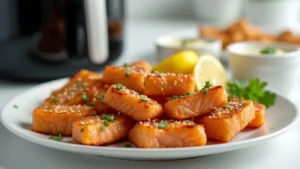Crispy air fryer salmon bites served with lemon wedges and dipping sauce on a white plate.