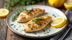 Garlic herb baked thin chicken breast served on a white ceramic plate with thyme sprigs and lemon slices.
