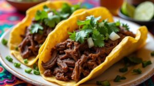 Shredded beef cheek barbacoa in corn tortillas with onions, cilantro, and lime.