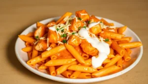 Creamy buffalo wild wings pasta topped with grilled chicken, garnished with fresh parsley and served in a white bowl.
