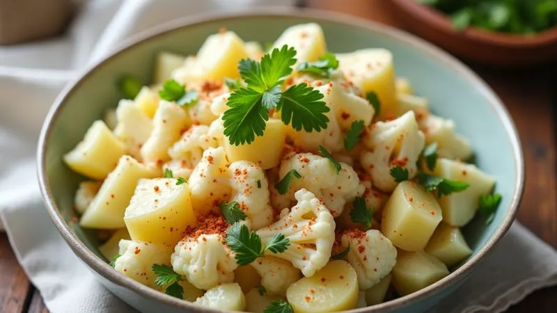 Bowl of creamy cauliflower potato salad with parsley and paprika on a rustic table