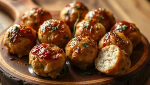 Ground chicken meatballs on a plate with vegetables and marinara sauce, showcasing delicious and healthy ground chicken dinner ideas.