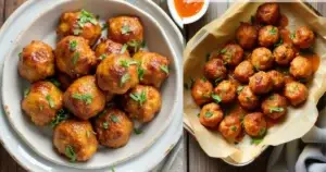 Oven-baked chicken meatballs in a white dish, golden brown and garnished with parsley, served with dipping sauce on a rustic wooden table. Recipes using ground chicken.