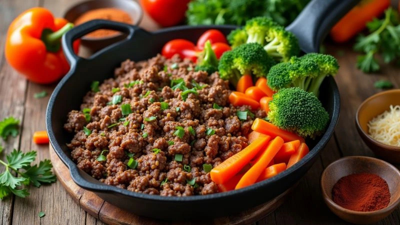 recipes with Ground beef stir-fry with colorful vegetables like bell peppers, broccoli, and carrots, featuring soy sauce, sesame oil, and oyster sauce — a perfect recipes with ground beef.