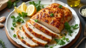 Golden-brown thin cut chicken breast recipes with lemon slices and fresh herbs on a white plate, ready to serve with roasted vegetables