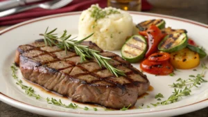 Grilled thin cut steak garnished with herbs