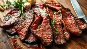 Teriyaki-glazed thin steak in a skillet with garlic and herbs – juicy and flavorful thin steak recipes