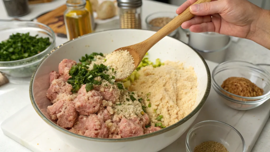 Mixing chicken meatball recipe ingredients in a bowl