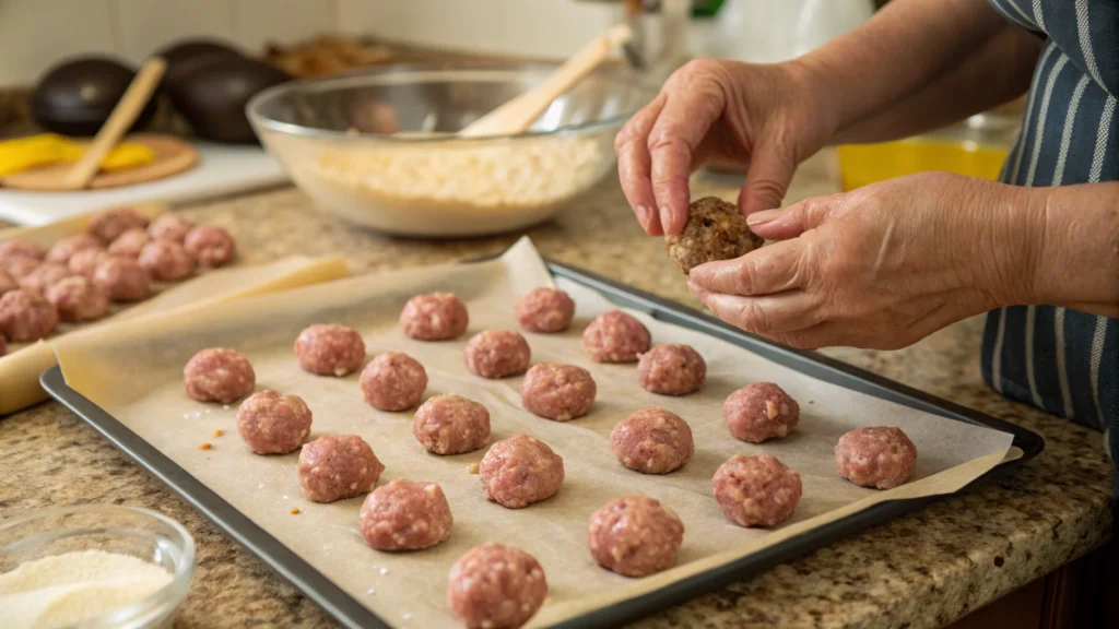 Shaping chicken meatball recipe and arranging on baking tray