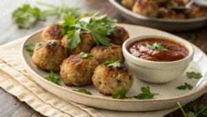Plated baked chicken meatball recipe with parsley