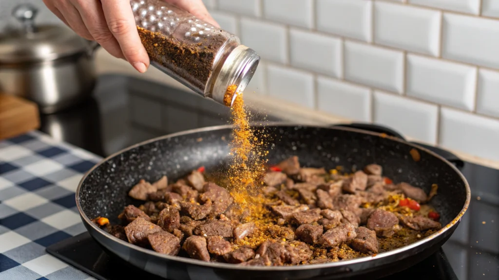 Taco seasoning sprinkled over browned ground beef.