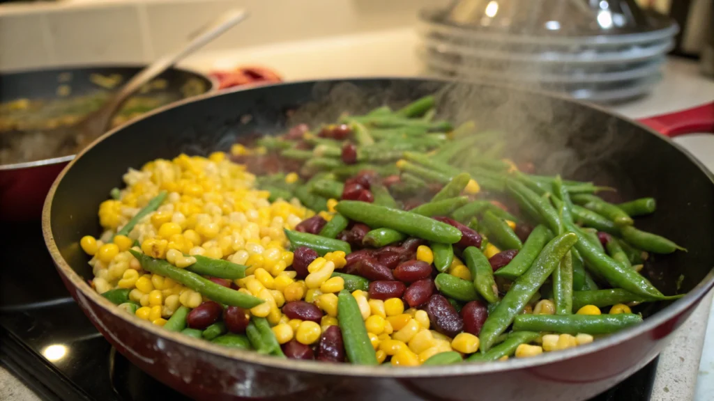 Adding black beans and corn to the taco skillet.