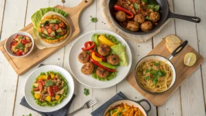 Seven diverse recipes with ground chicken arranged on plates including tacos, meatballs, stir-fry, lettuce wraps, pasta, stuffed peppers, and a skillet dish for quick weeknight meals.