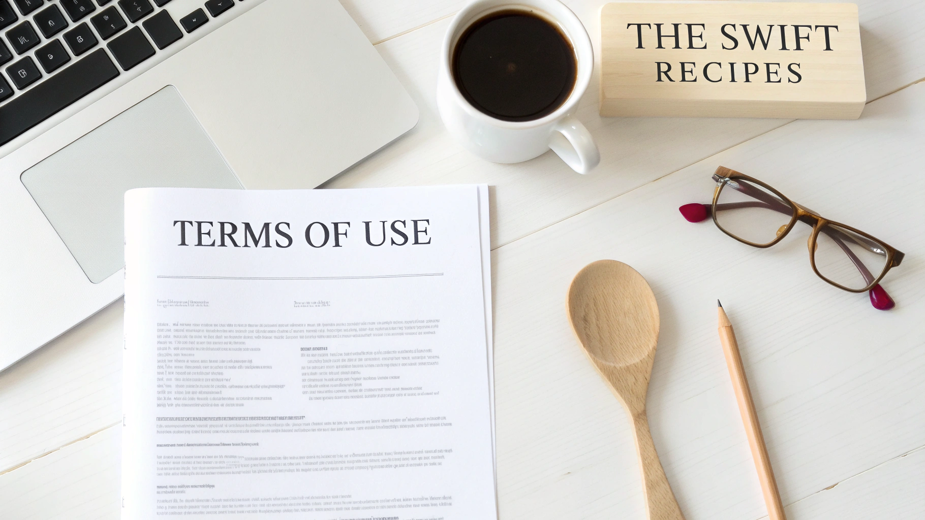 Terms of Us document on desk with laptop and coffee — professional setup for The Swift Recipes legal page