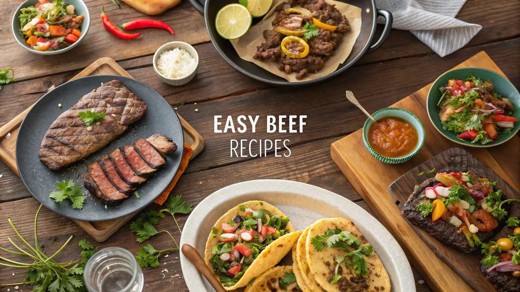 Juicy beef Recipes. steak with tacos and stew on wooden background